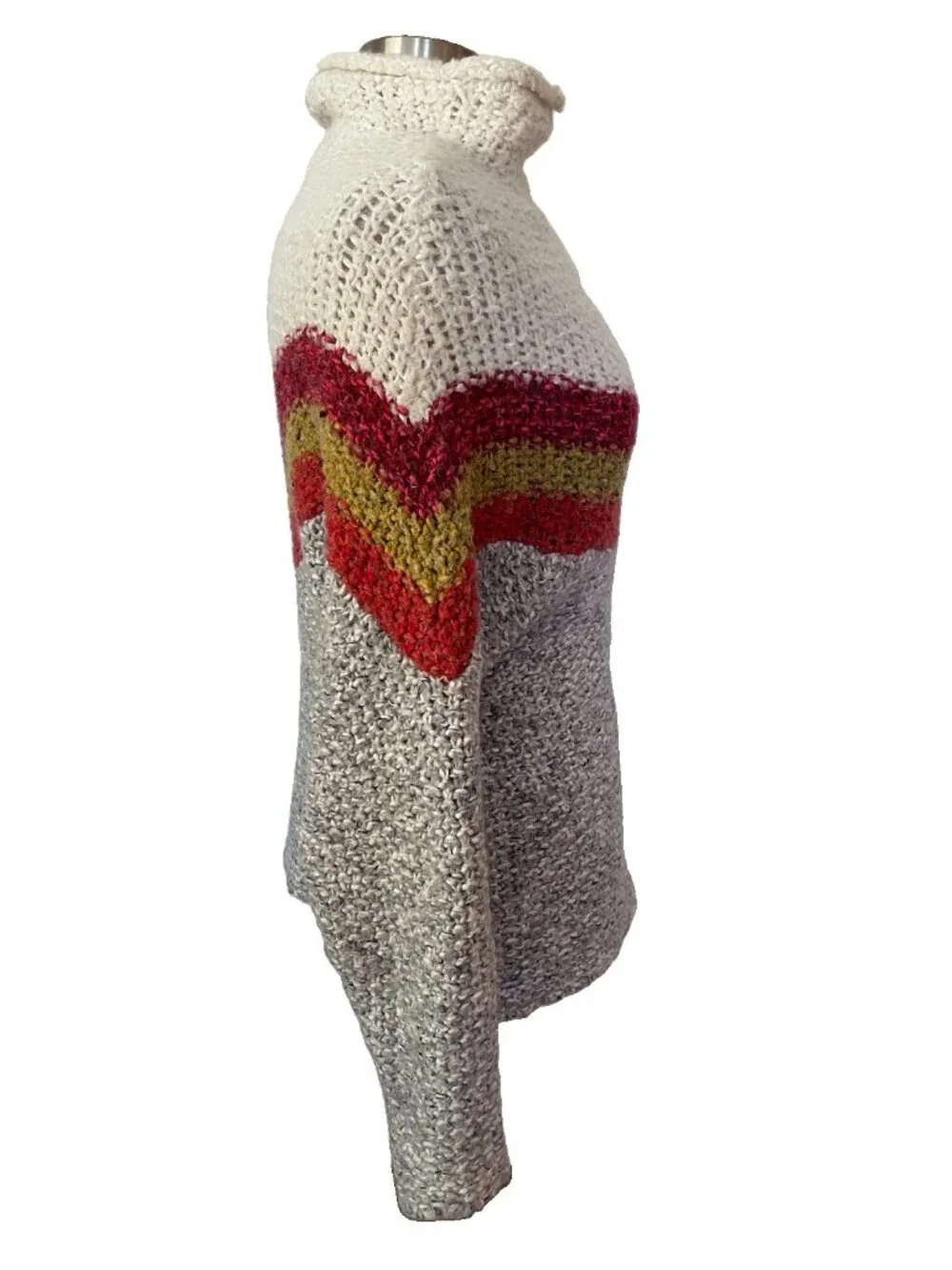Free People Turn Around Chevron Chunky Knit Sweater Cream Grey Multicolor Small